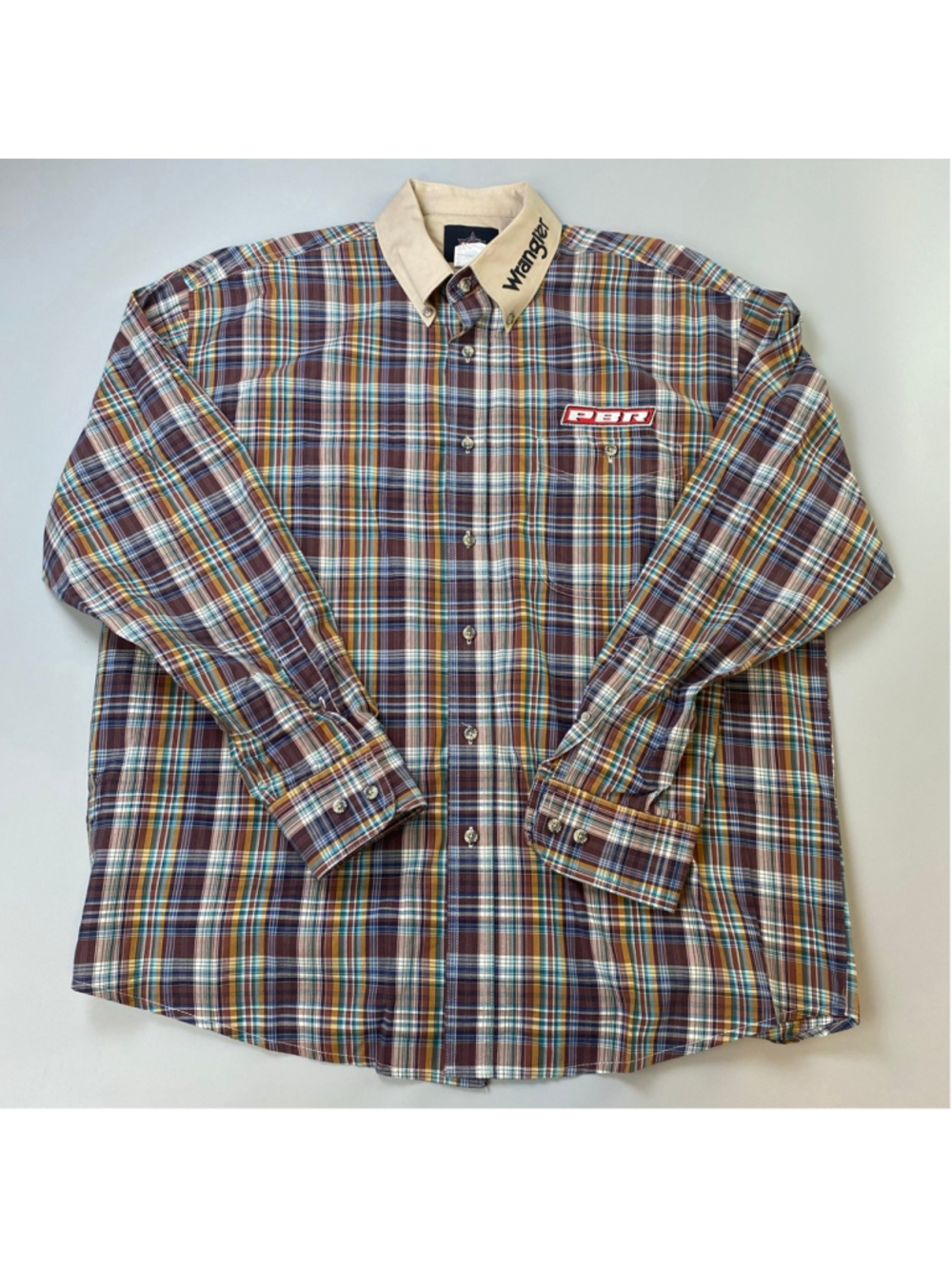 Wrangler PBR Shirt Large Plaid Button Down Cowboy Western Spell Out Embroidered